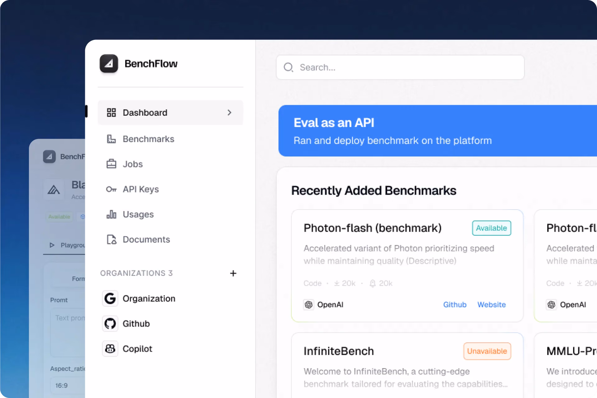BenchFlow console with eval API banner
