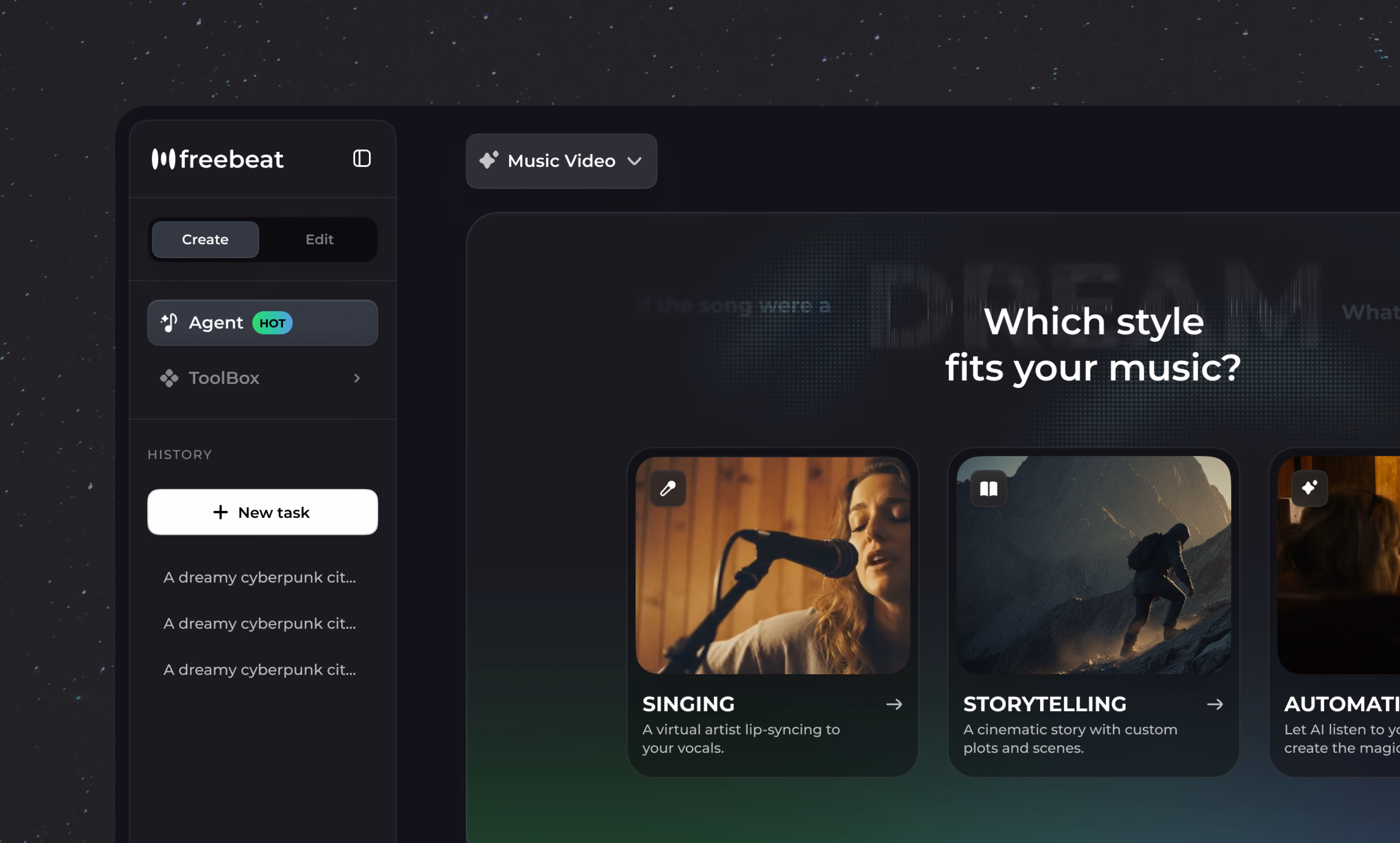 freebeat music video creation interface